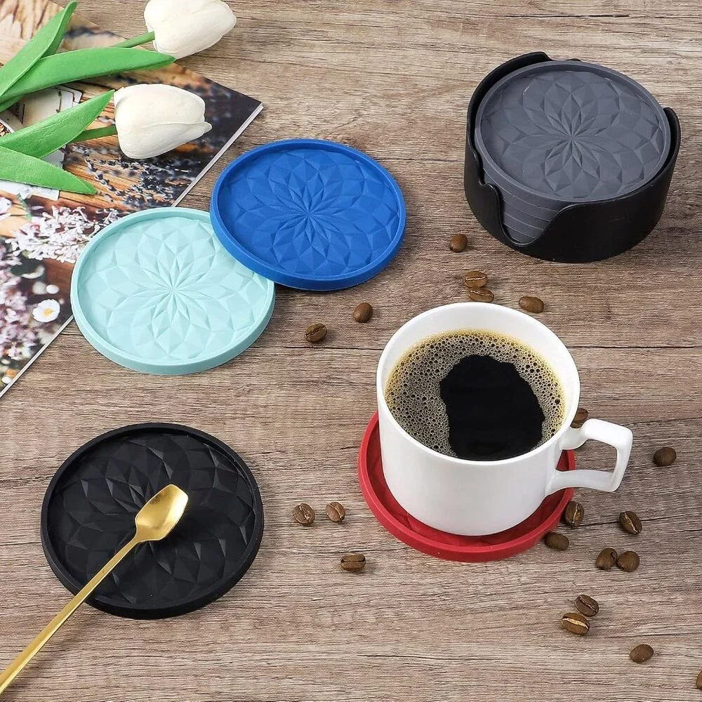 New Silicone Coasters with Holder,[6 Pack] Drinking Coasters - Cup Mat for Hot